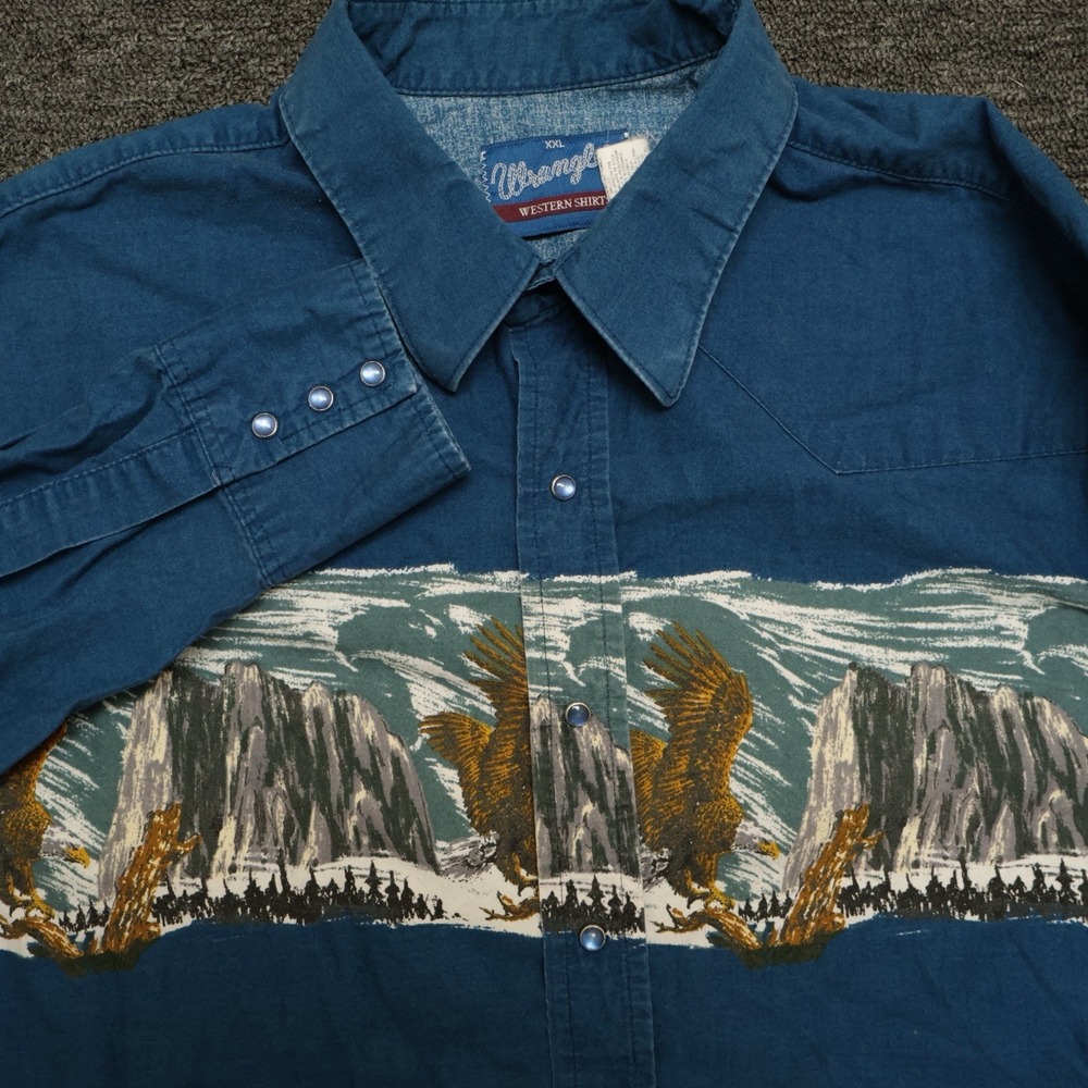 Vintage Wrangler Western Cowboy Long Sleeve Pearl Snap Bald Eagle Shirt XXL